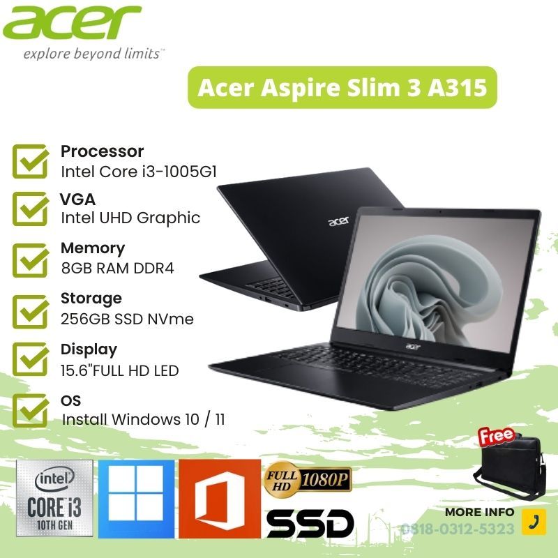 ACER ASPIRE Slim A315-56-35HB - i3-1005G1 - RAM 8GB - 256GB SSD - 15.6" FHD- Intel UHD Graphics - La