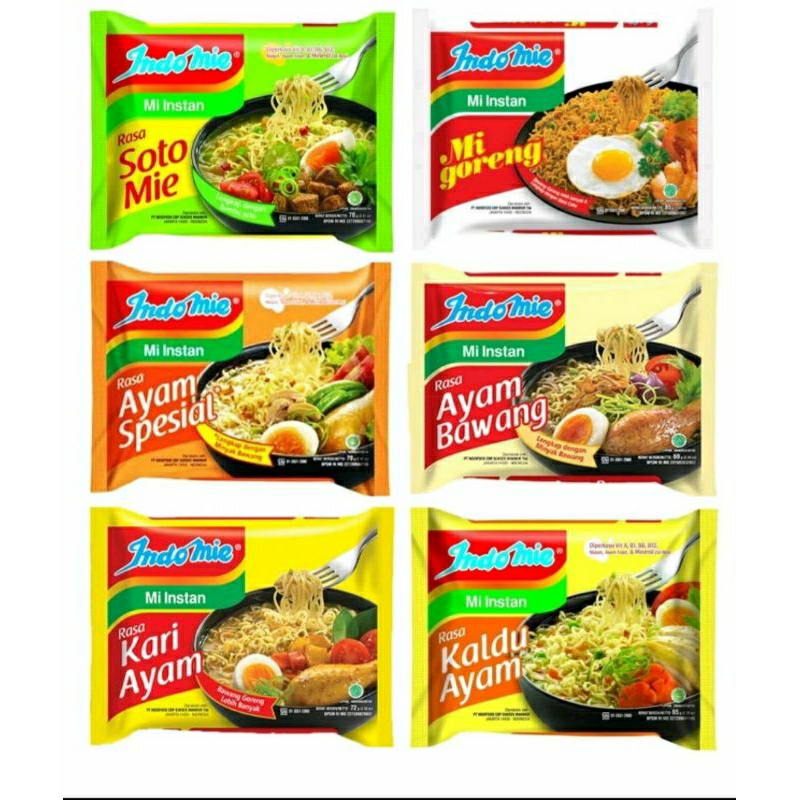 

Indomie Goreng Instan (indomie Goreng) / Indomie Kuah (Soto Mie / Ayam Bawang / Kaldu Ayam / Kari Ayam / Ayam Spesial)