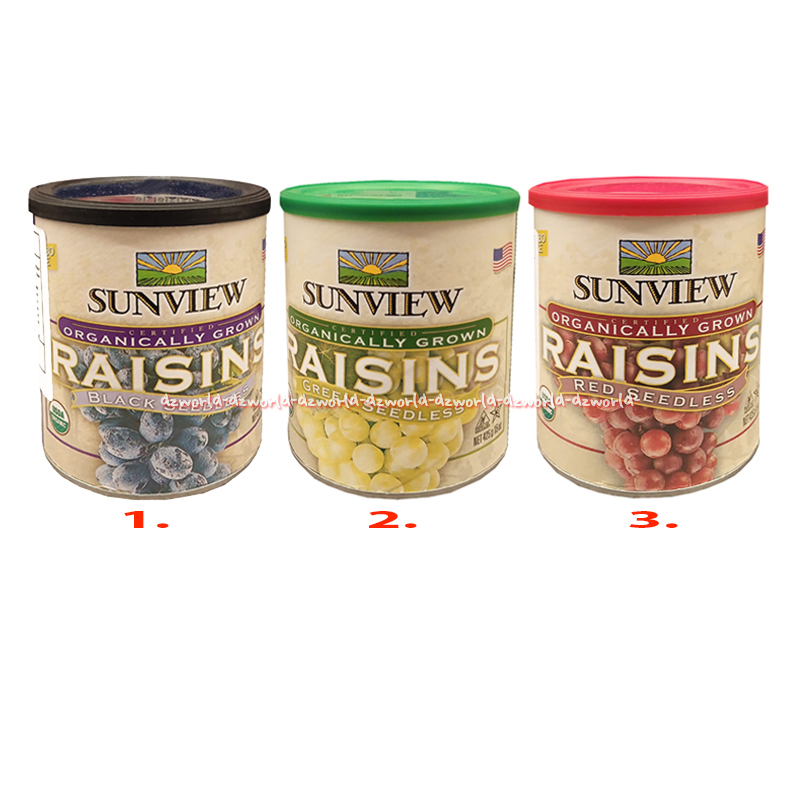 

Sunview 425gr Raisins Black Seeds Organically Grown Green Reed Sun View Kismis Hitam Hijay Merah Tanpa Biji Kemasan Kaleng