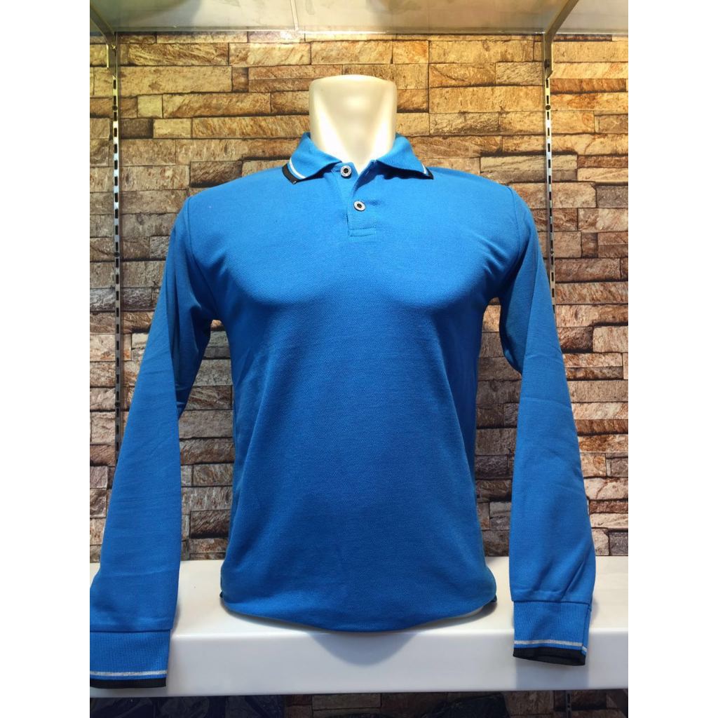 KAOS KERAH POLOSHIRT PRIA WANITA UNISEX ATASAN FASHION LENGAN PANJANG BIRU TURKIS