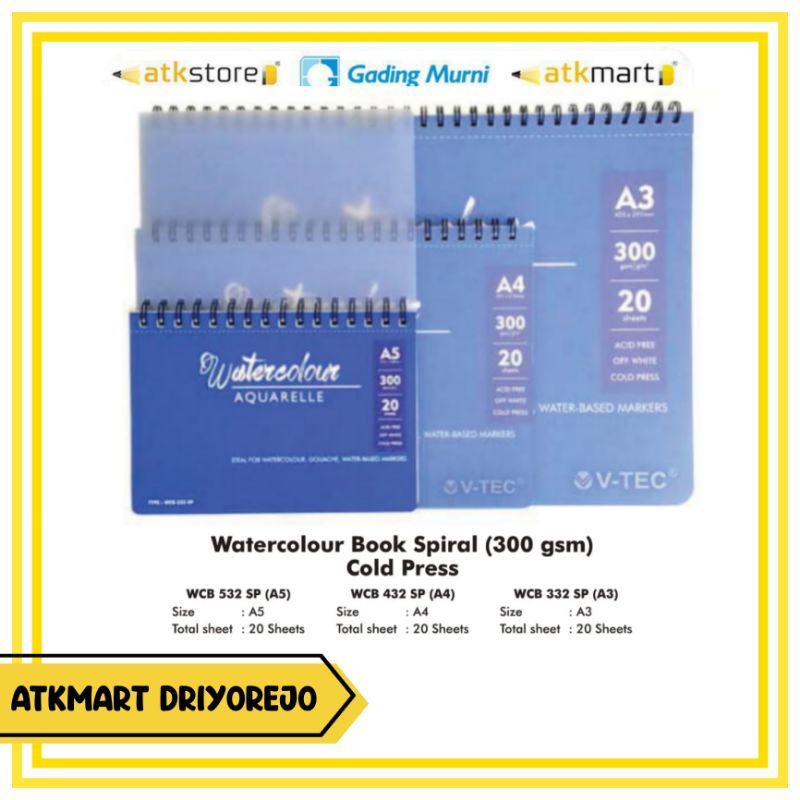 

V-TEC WATER COLOUR BOOK SPIRAL UKURAN A3 WCB-332SP 300GSM - KERTAS GAMBAR LUKIS BENTUK BUKU