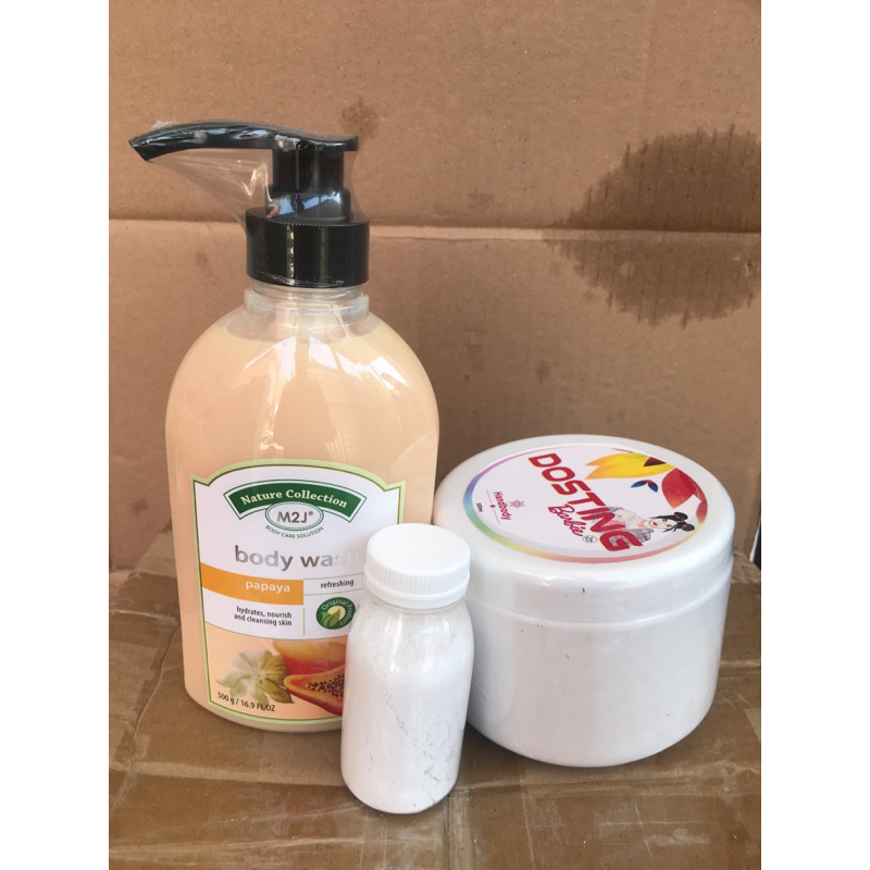 PAKET PEMUTIH BADAN 3 X LEBI CEPAT ( 1 SABUN M2J PPY + 1 HB BARBIE ASLI + 1 BOTOL SERBUK ALPHA ARBUT