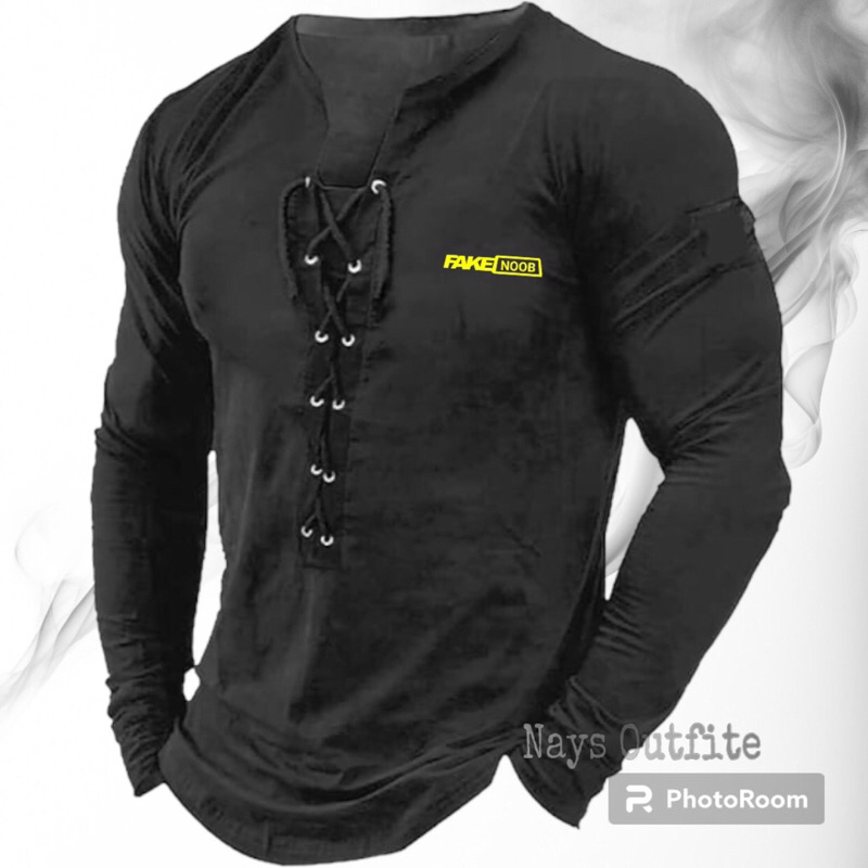NO - Kaos Lengan Panjang V Neck Tali Fake Distro / Kaos Style Pria / Kaos Casual Pria Keren / Kaos M