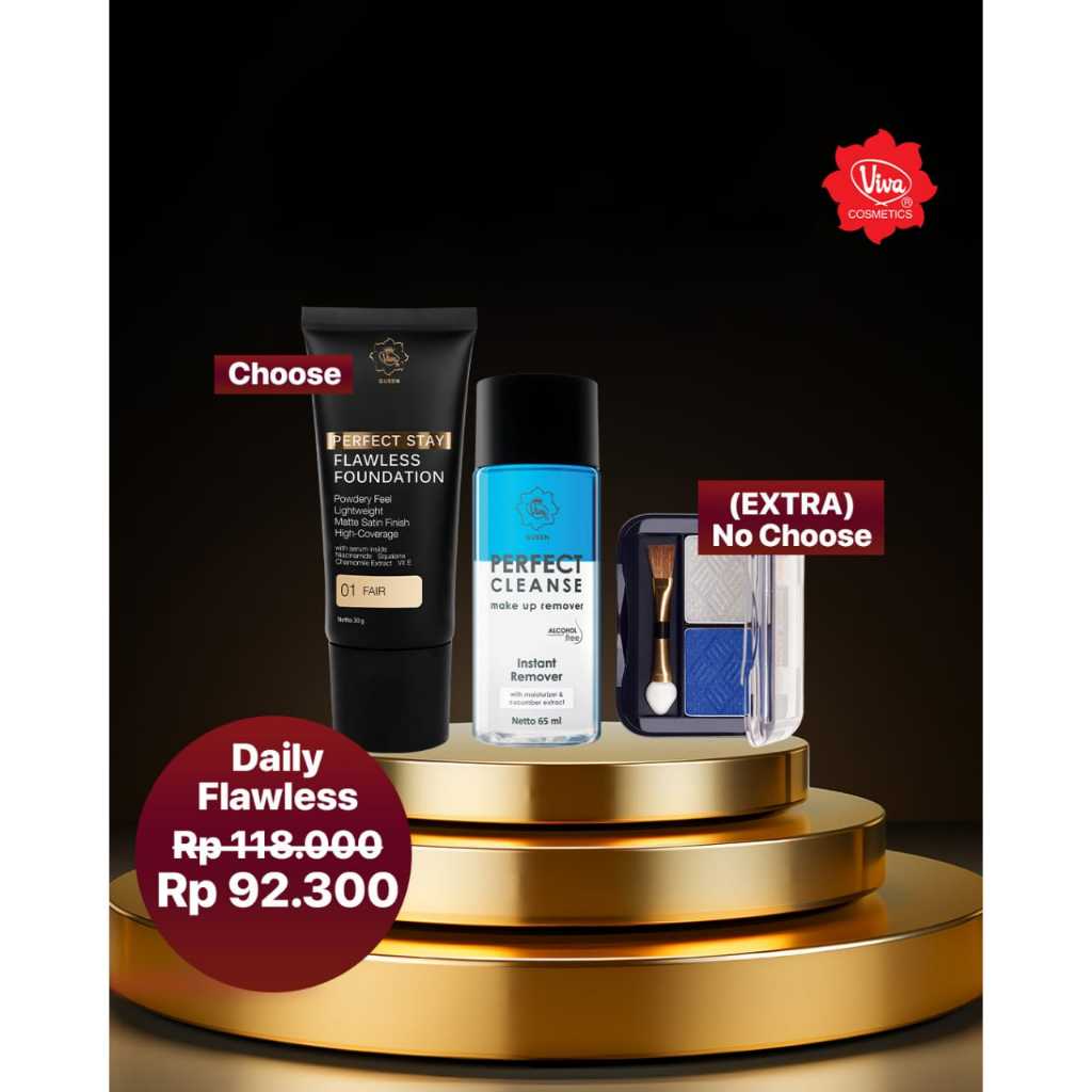 Paket 1 Viva Queen Perfect Flawless Foundation, 1 VQ Perfect Cleanse Make Up Remover Viva Cosmetics