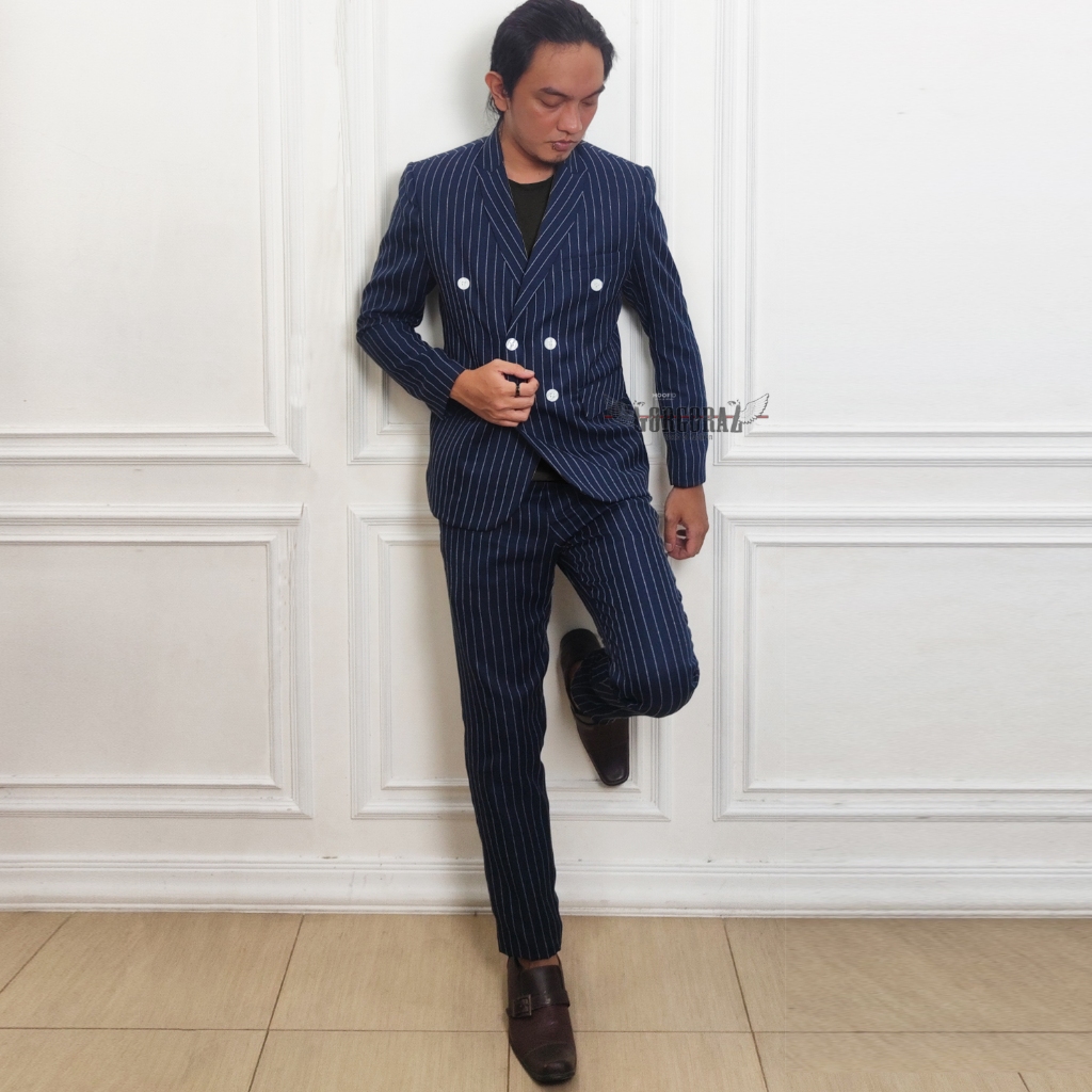 stelan jas blazer motif salur navy belang slimfit terbaru biru gelap