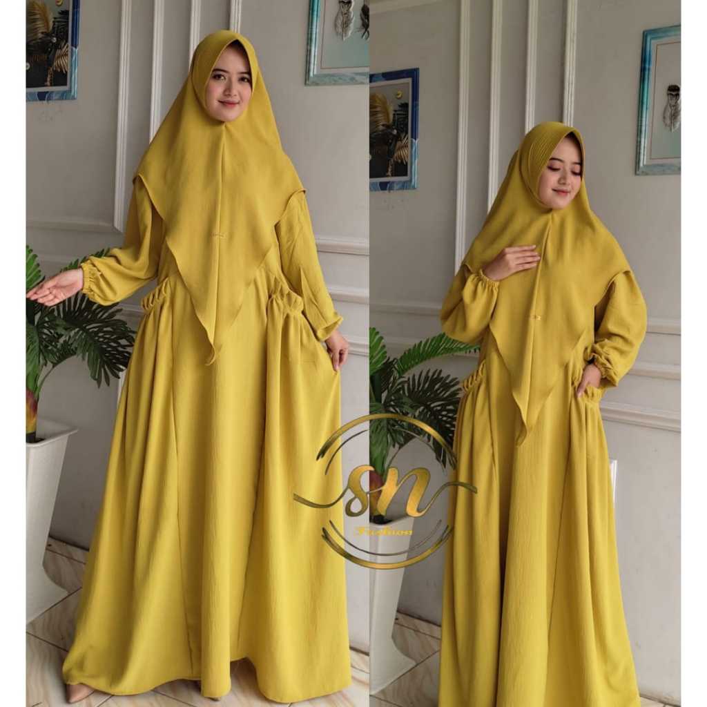 Baju Gamis Zahira Satu Set Syar'i Jumbo Hijab Pet Terbaru Elegan Crinkel Airflow Premium