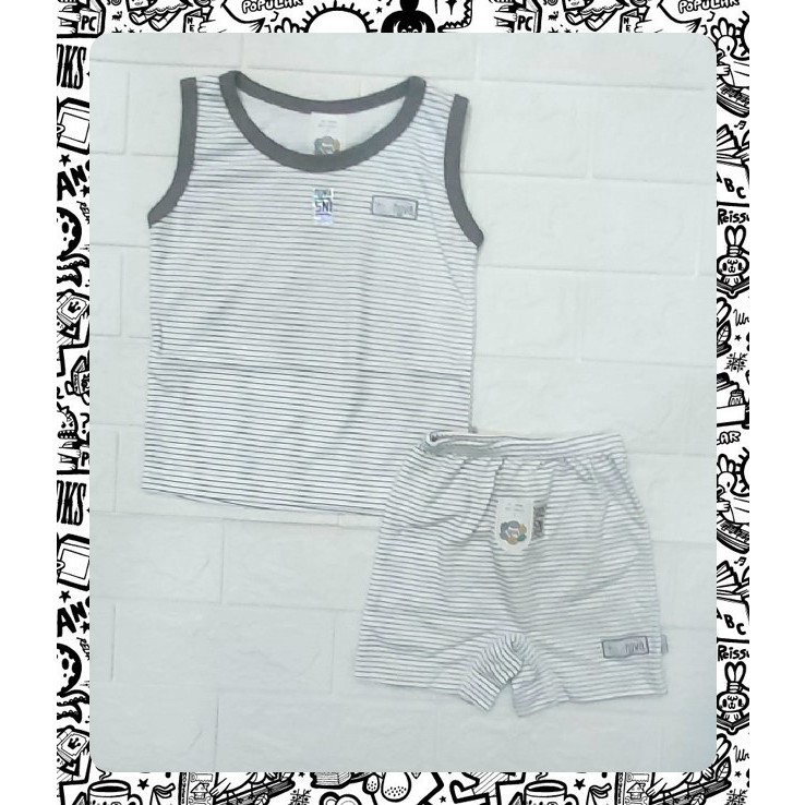 Setelan Anak Kaos Lengan Kutung dan Celana Pendek Motif Garis Abu atau Coklat Size S (1 tahun), M (2
