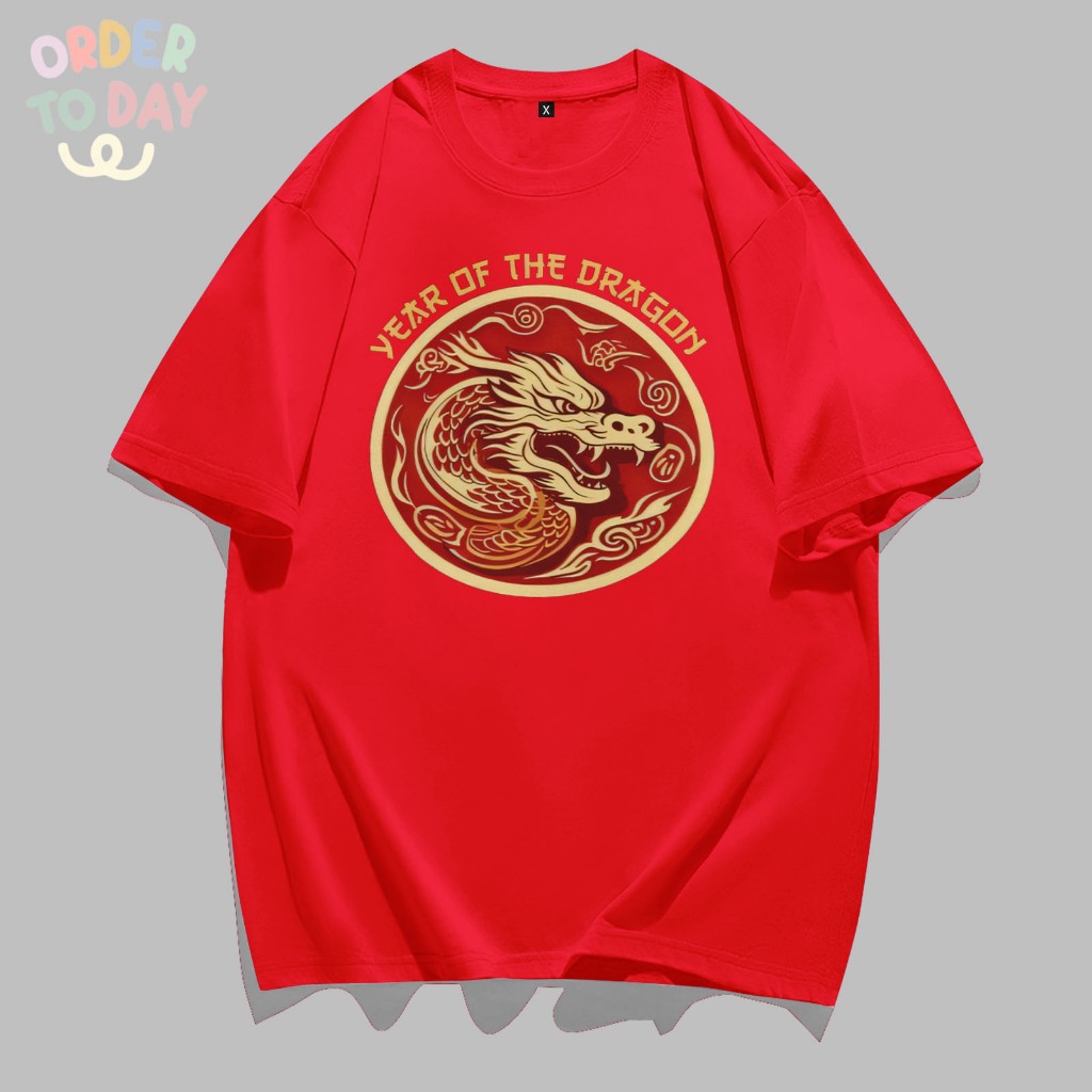 Order To Day Baju T-shirt Oversize  Year Of The Dragon Edisi Imlek Kaos Pria Wanita Merah Maroon Pin