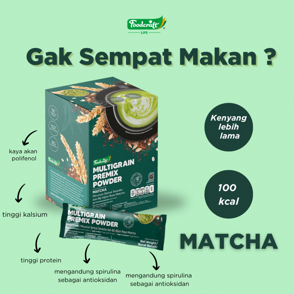 

Foodcraft Multigrain Meal Replacement 1 Box( ISI 14 SACHET) Rasa MATCHA