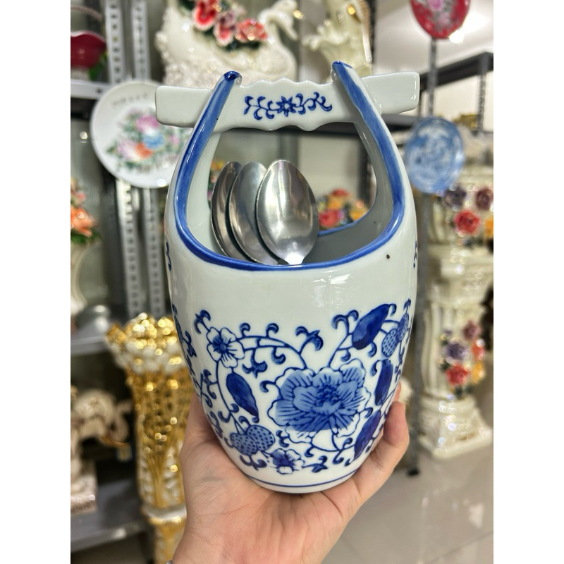 tempat sendok biru putih keramik