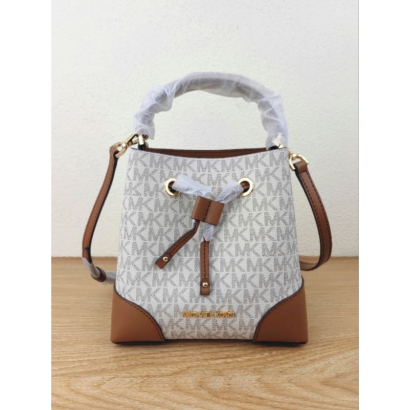 MK Mercer Small Drawsting Bucket Signature Vanilla Brown