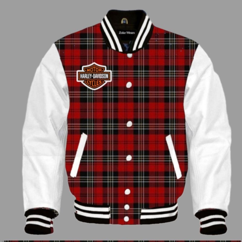 JAKET VARSITY HARLEY DAVIDSON KULIT ASLI KOMBINASI FLANEL
