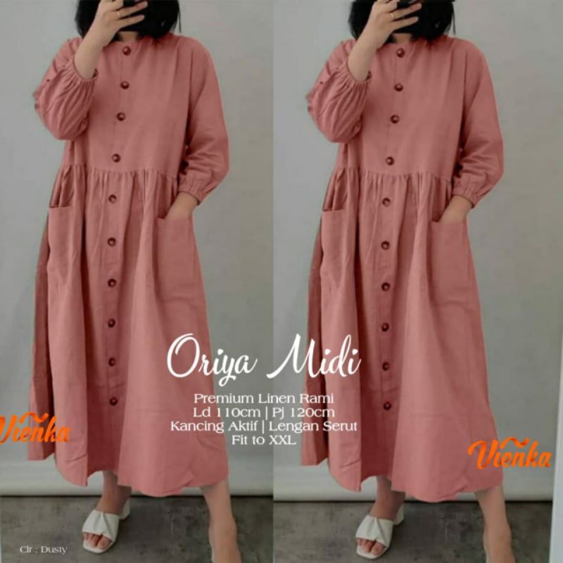 Oriya Midi Ori By Vienka Dress Polos Linen Rami Ld 110 [ READY COD ]