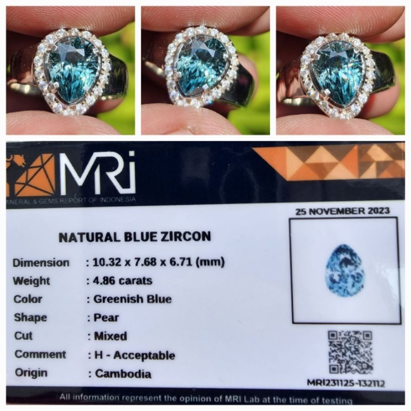 Natural Blue Zircon HQ Top Luster Lady Ring Memo 4.86 crt