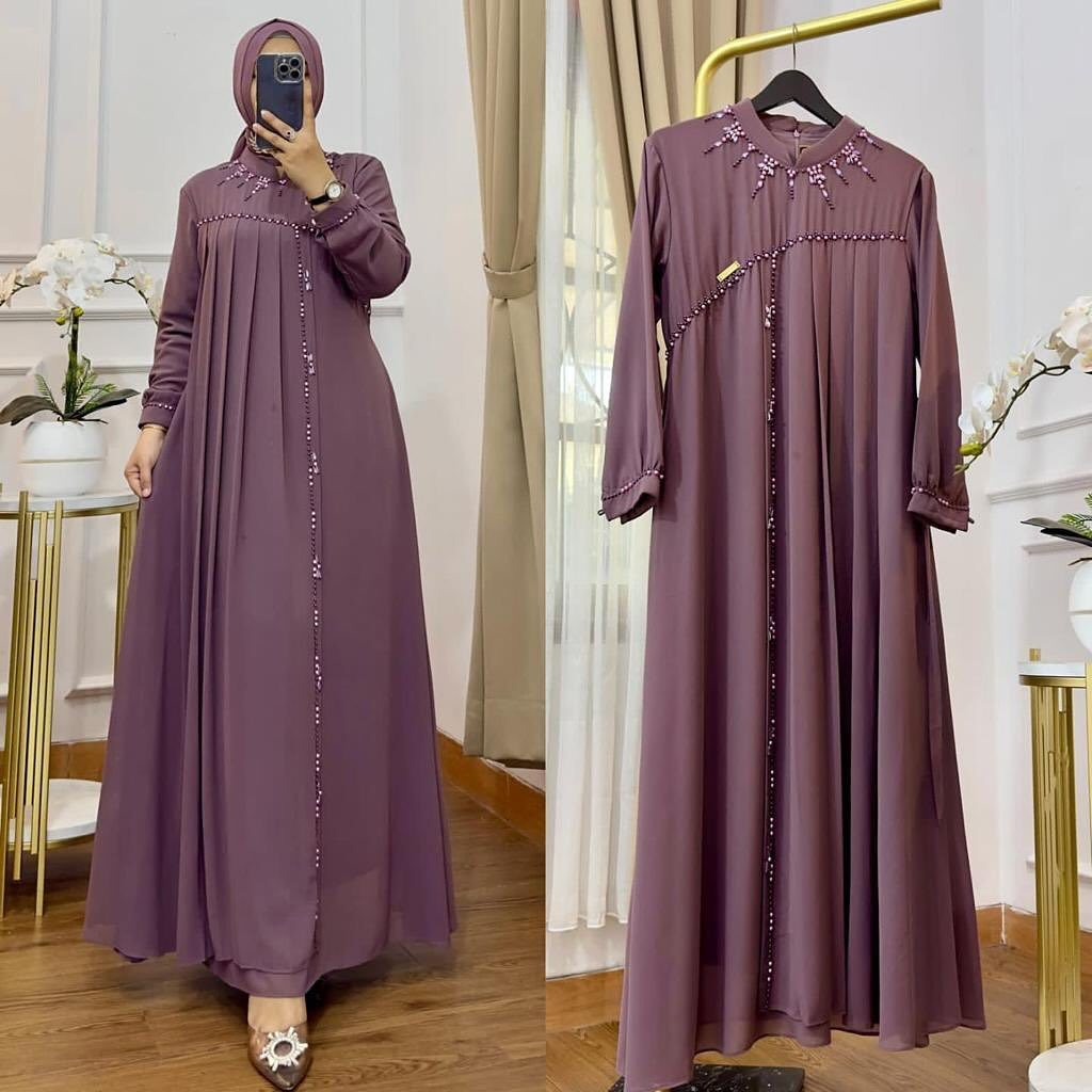Hanifah Dress Baju Gamis Kondangan Mewah Ceruty Babydoll 2layer Full Furing Mix Payet Simple Elegan 