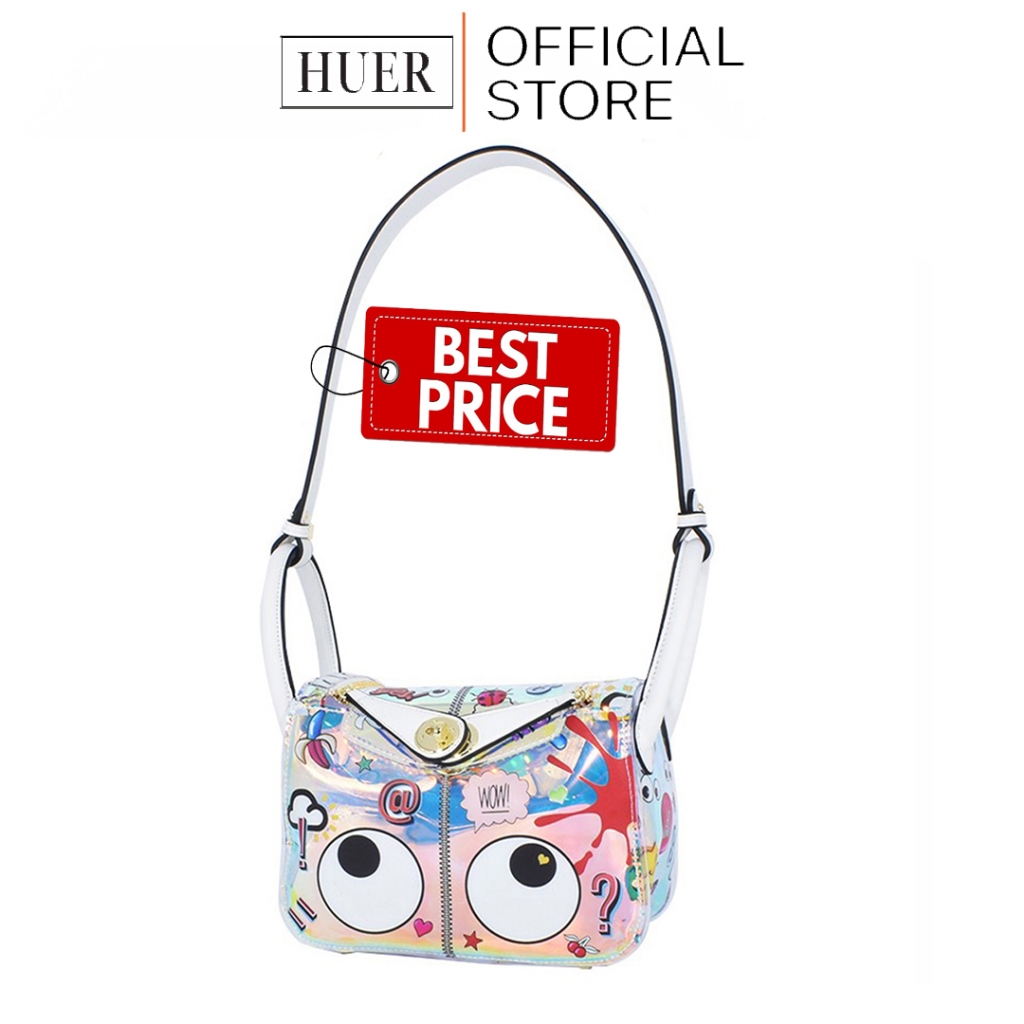 HUER ~ Tas Wanita Gefaly Eye Theme Printed Hologram Hobo Bag 9454-328White