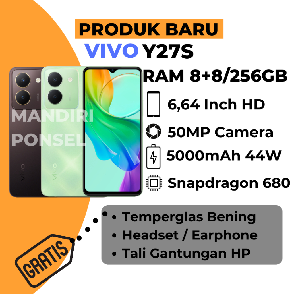 VIVO Y27S NFC RAM 16GB (8+8 EXTEND/256GB) GRATIS HEADSET, TEMPERGLAS dan TALI HP