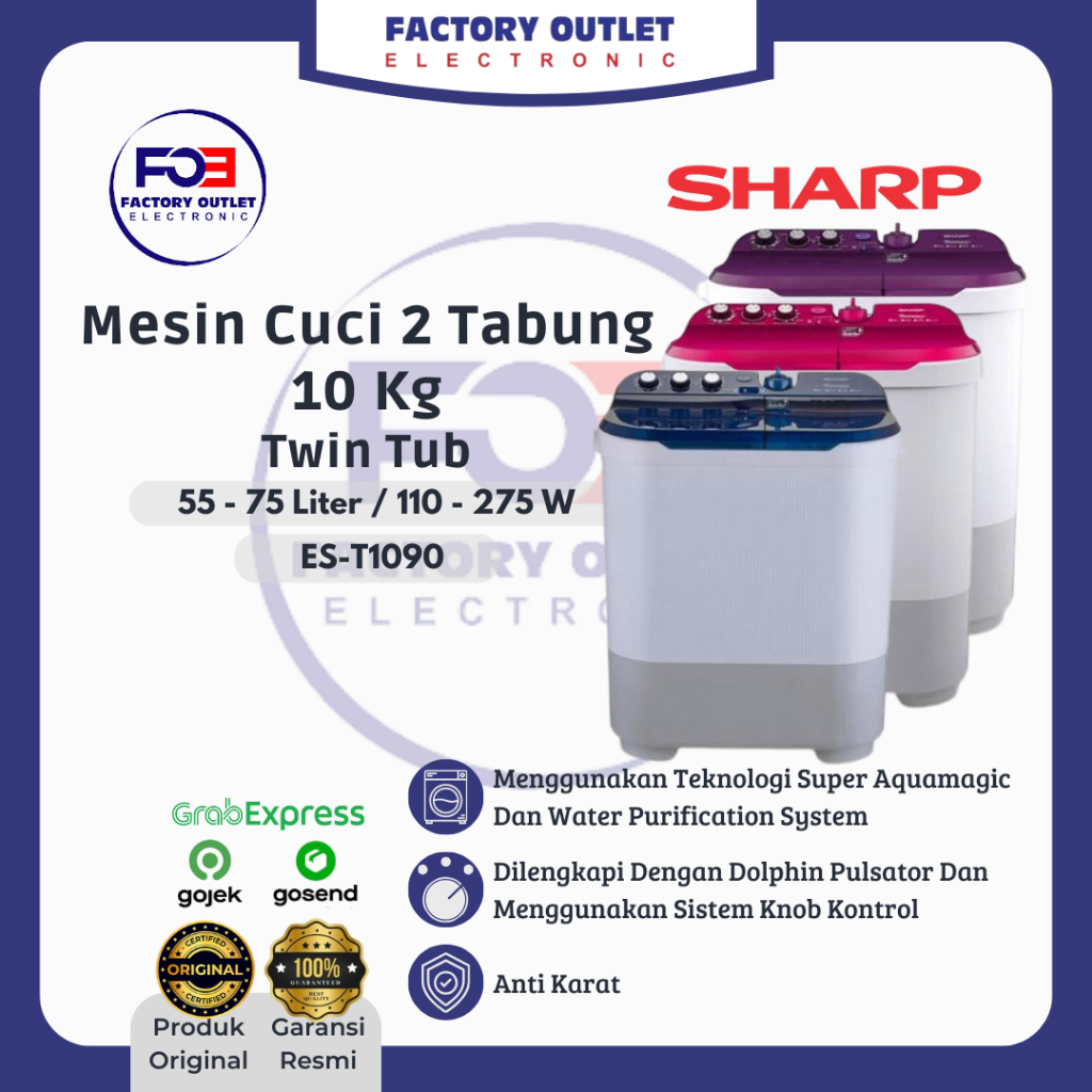 SHARP ES-T1090 Mesin Cuci Twin Tube Dolphinewave Series 10 Kg Low Watt - Random