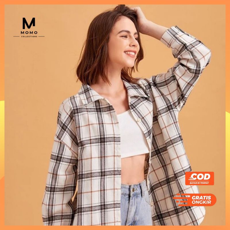 Kemeja Kotak Wanita Casual Guilen Flanel Lengan Panjang Oversize Bahan Katun Kotak Yandeth