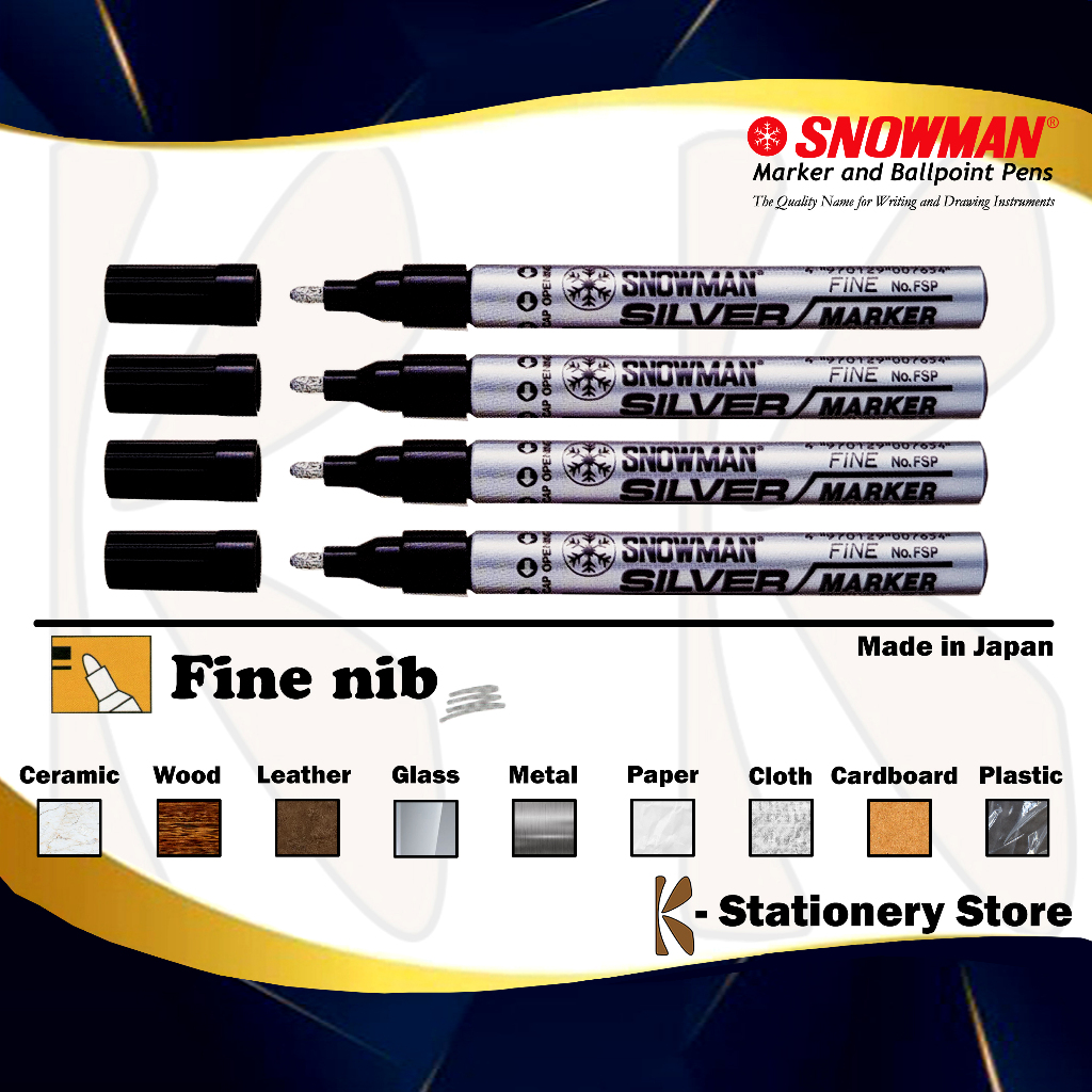 

Spidol Cat Permanent SILVER – Original Snowman Paint Marker – FINE Size (FSP) – untuk Logam, Kayu, Kaca, Plastik, Kulit, Karet, Keramik, Kain, Kertas, dll.