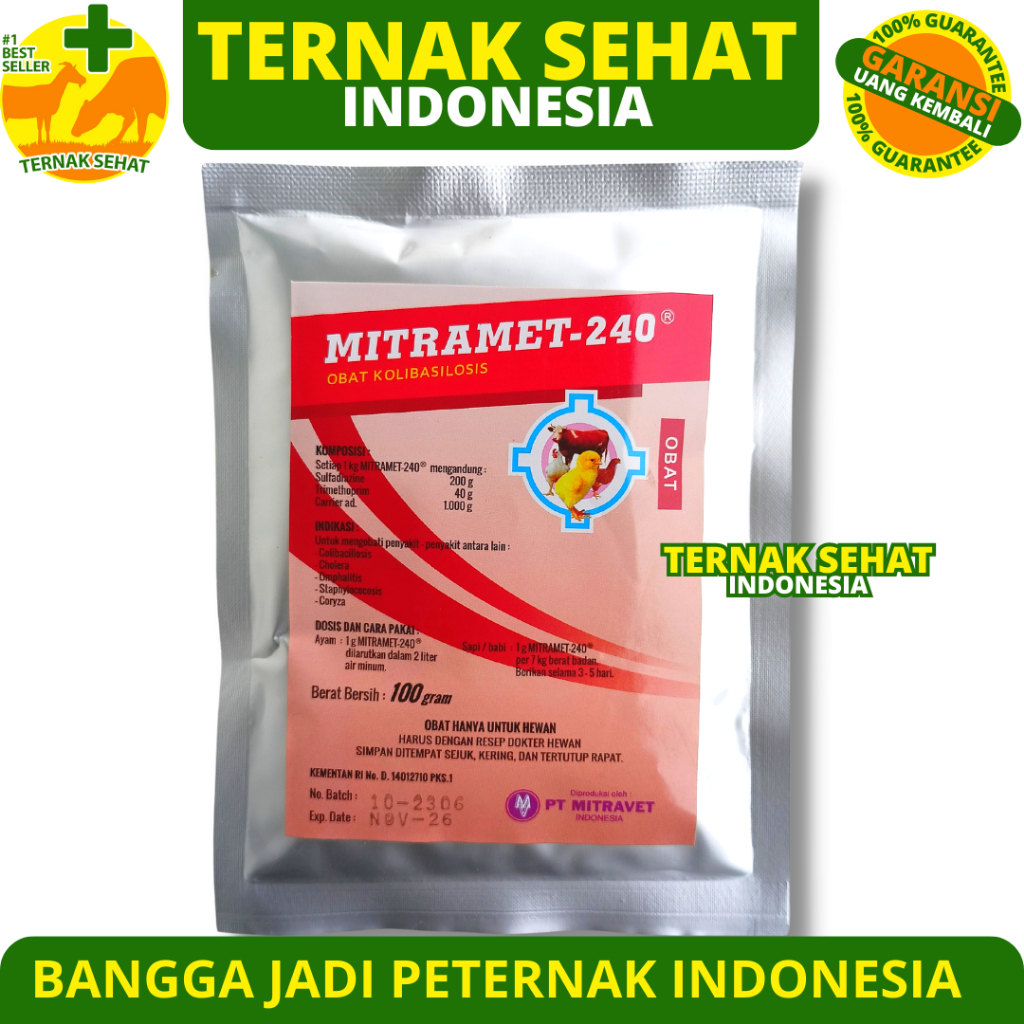 MITRAMET 100 GRAM - Obat Ayam Koli Snot Korisa Kolera Mencret Sapi Ayam & Babi Like Colibact Serbuk