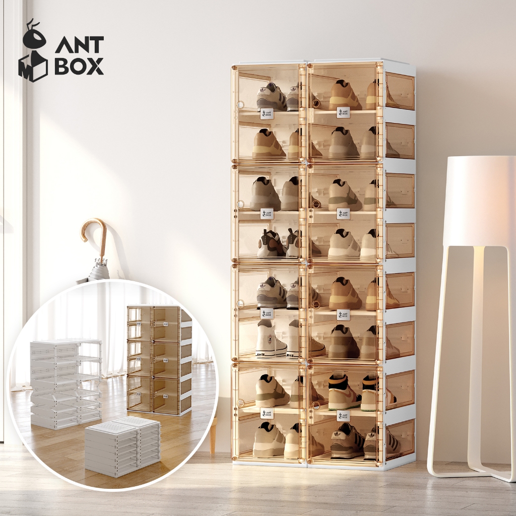 ANTBOX Rak Sepatu Transparan Kapasitas 8-20 Pasang Pintu Magnet Minimalis Hemat Tempat