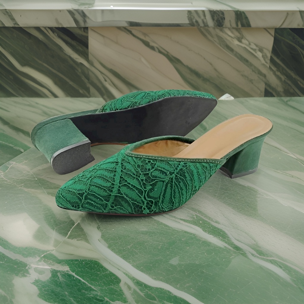 SANDAL PESTA ADAT JAWA HEELS BRUKAT HIJAU BOTOL WANITA PEREMPUAN CEWEK UKURAN BESAR JUMBO BIG SIZE