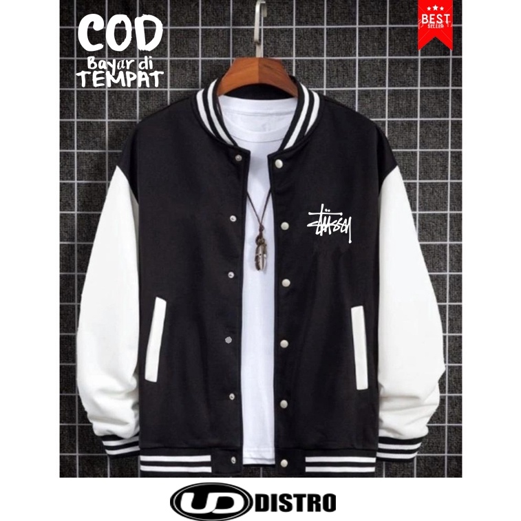 Lariz Kode1s6Rg Cod Sweater Jaket Baseball Varsity Kancing Stussy Text Putih Quality Premium  Baseba