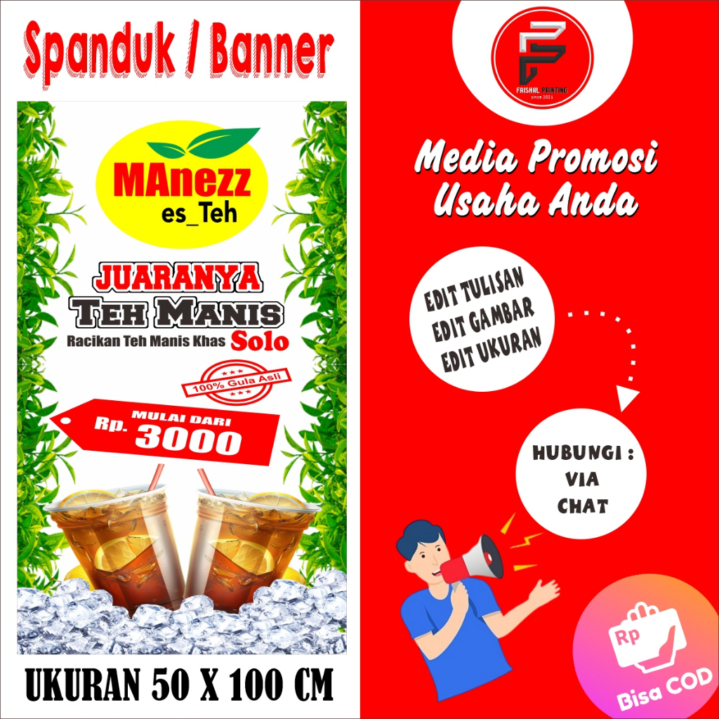 Banner Es teh Manis / Spanduk Es Teh Solo / Banner es teh Jumbo / Spanduk Es Ukuran 50 x 100 cm