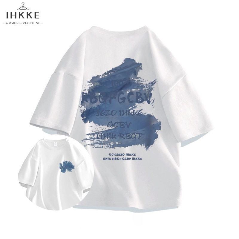 IHKKE Kaos Wanita Baju Oversize  Blue Graffiti Korean Style T shirt 100% Cotton  Vintage | Kaos Wani