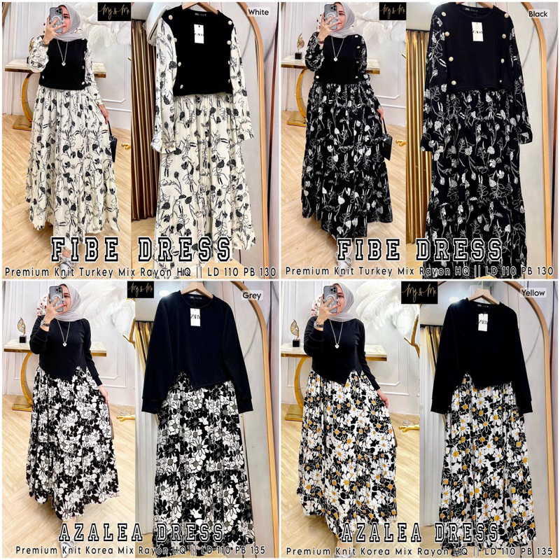 AZALEA • FIBE DRESS • MY&ME • maxy maxi dress motif bunga kaos knit polos mix rayon motif bunga