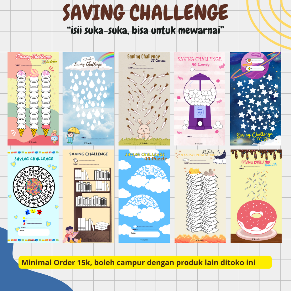 

isi binder saving challenge tantangan menabung isi suka-suka/kosong I bisa diwarnai oleh spidol ukuranA6