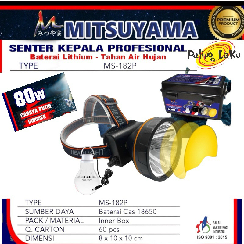 Senter Kepala Mitsuyama MS-182P Headlamp Dimer 80W  super Terang