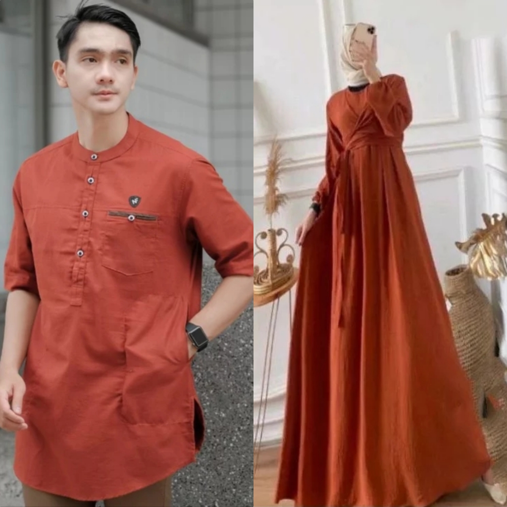 FAIZ COUPLE- BAJU KEMEJA KURTA KOKO COUPLE PASANGAN AYAH IBU  TERBARU JUMBO POLOS BATA TERACOTA/GAMI