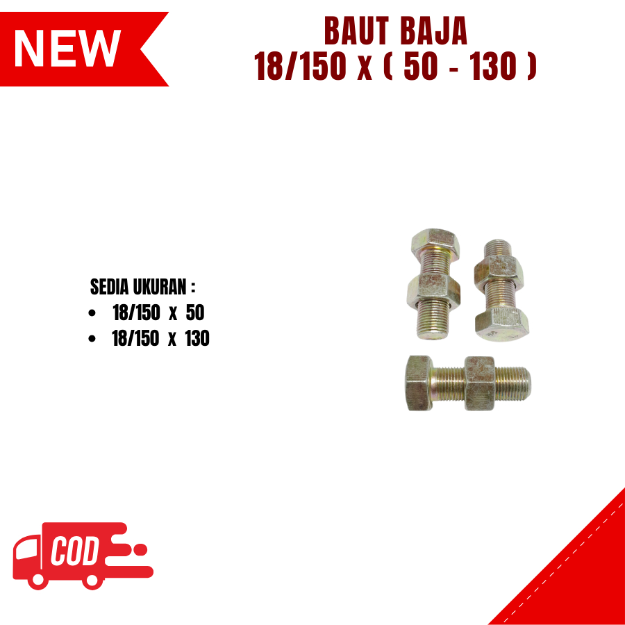 Baut Baja Plus Mur Ukuran 18/150 x 50, 18/150 x 130 Drat Kasar Hitam Baut Baja Hitam Full Drat Kasar