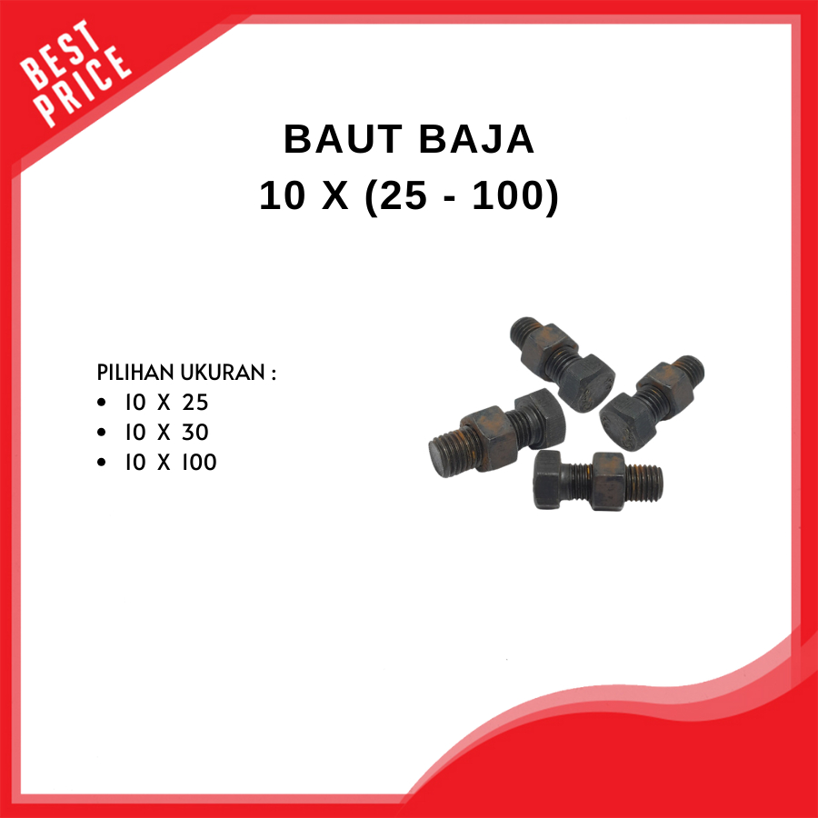 Jual Produk Baut Baja Ukuran 10 x 25, 10 x 30, 10 x 100 Hitam Drat Kasar Baut Baja Plus Mur Drat Kas