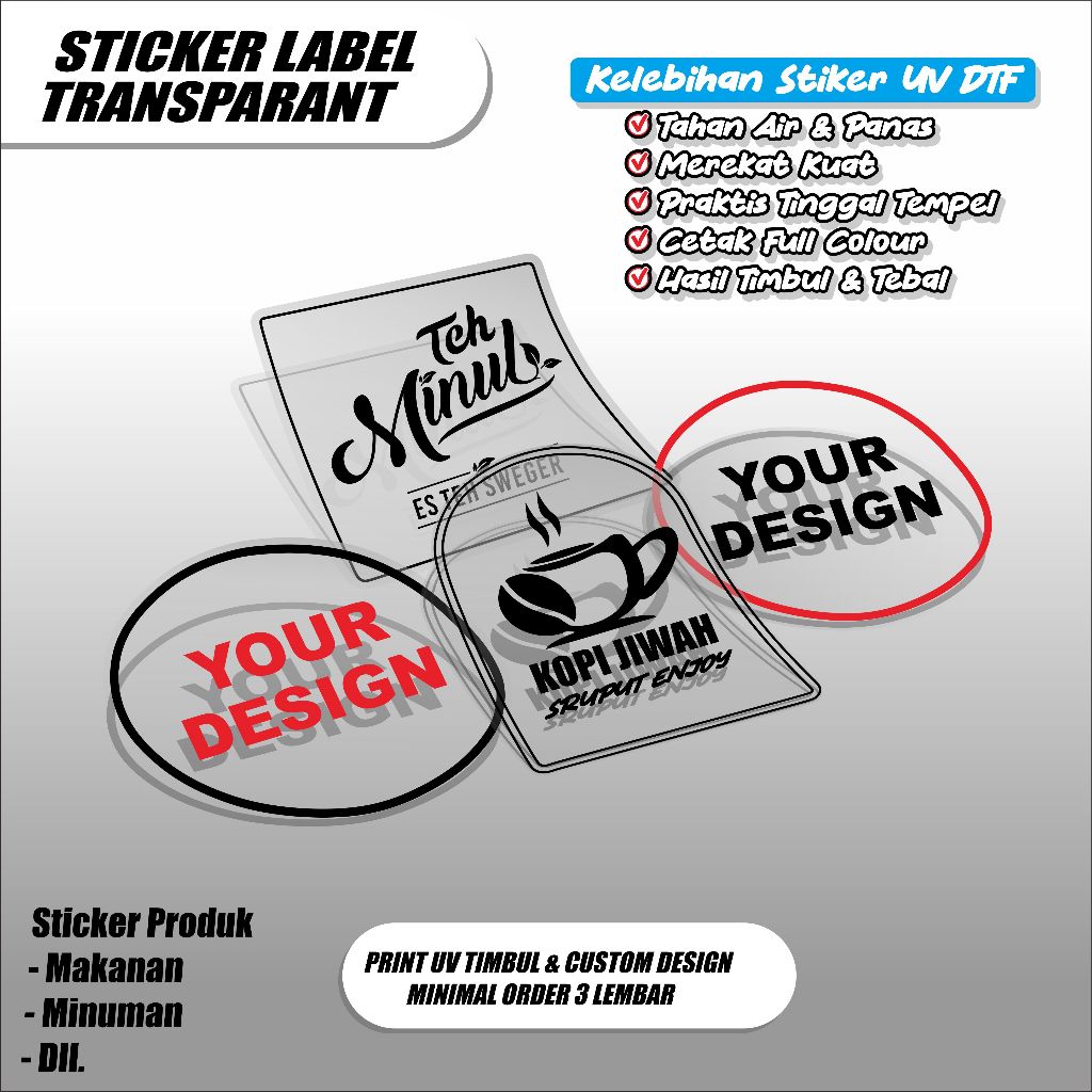 

Sticker Label Makanan Minuman / Stiker Label Toples Cutting Setiker Transparan DTF UV Timbul Free Templete Design