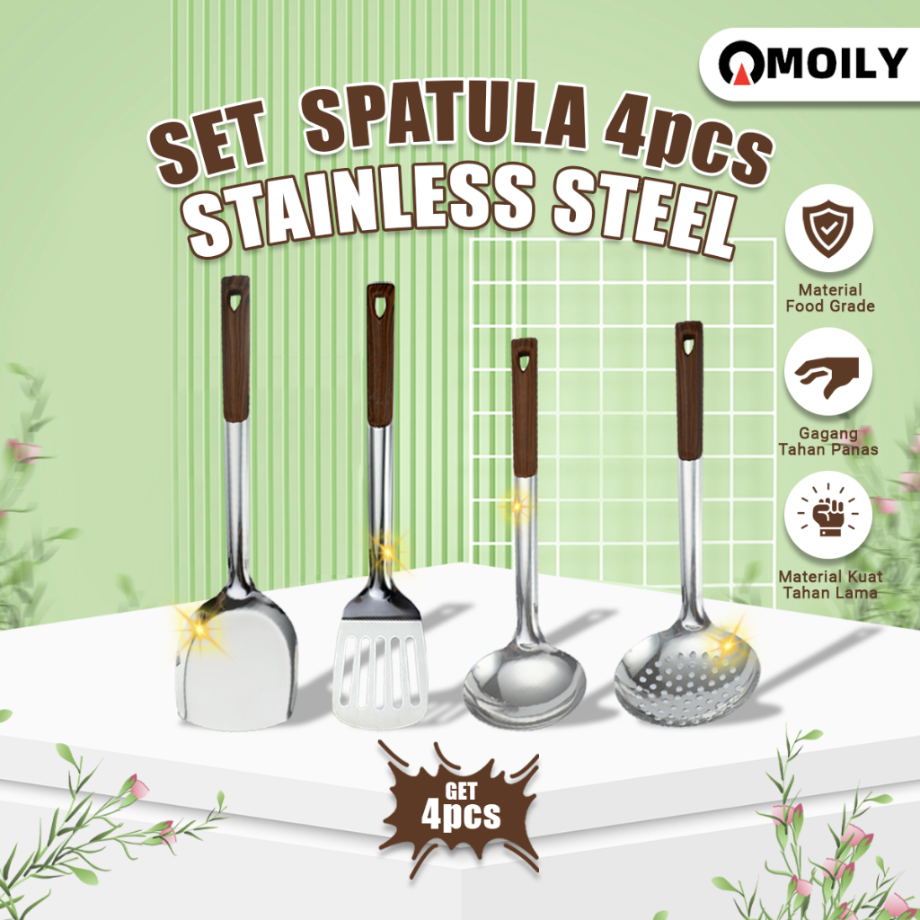 4in1 Spatula Sutil Set Stainless Steel Dengan Pegangan Kayu Tahan Panas/Alat Masak Sodet Centong Say