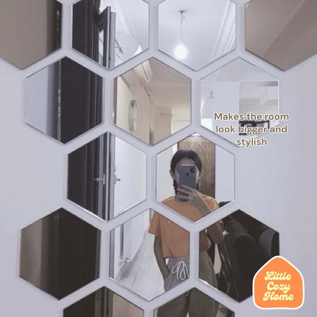 1Pcs Mirror Wall Sticker Hexagon / Stiker Wallpaper Dekorasi Design Vinyl Cermin Mirror Hexagonal Motif Honeycomb Lepas Pasang Dekor Rumah Kaca Aesthetic