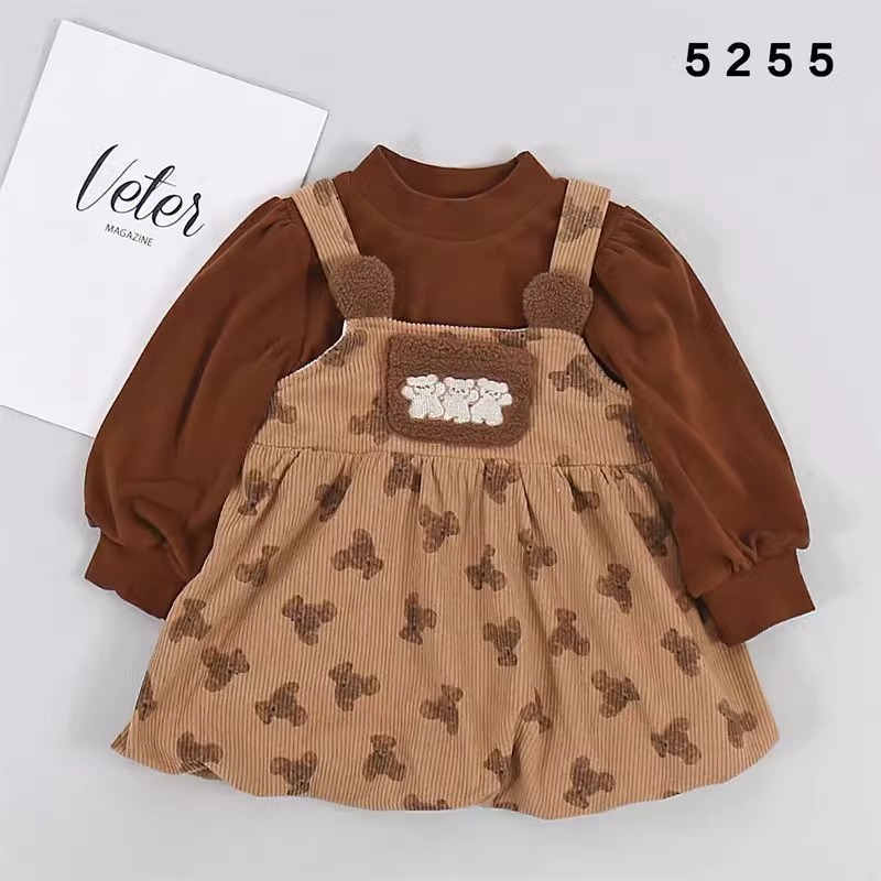 Dress Bludru 2 In 1 Anak Perempuan Kaos Dalaman Polos Lengan Balon Panjang Kombinasi Outer Bludru Mo