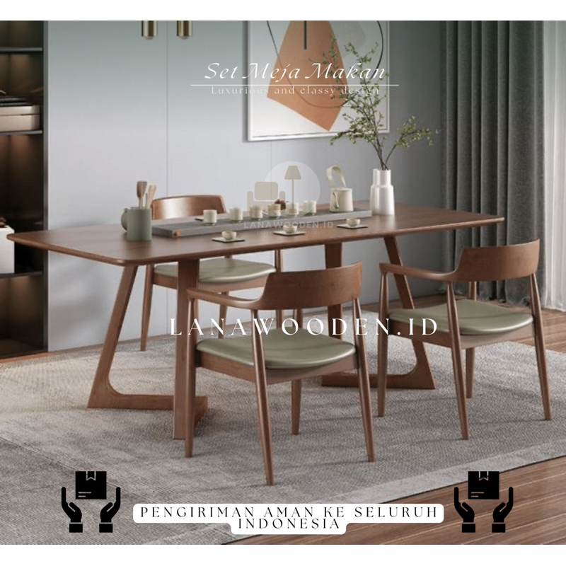 set meja makan jati desain minimalis dari Lanawooden.id material kayu jati kombinasi kain khusus fur