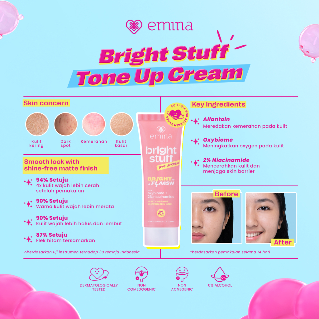 NEW! Emina Bright Stuff Tone Up Cream 20 mL - Pelembab Wajah Mencerahkan Instan, Perlindungan dari Sinar UV Image 2