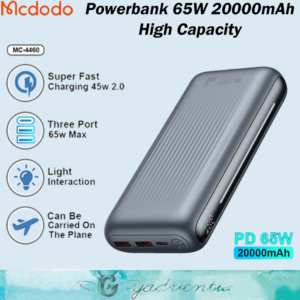 MCDODO 65W Power Bank 20000Mah QC3.0 Powerbank PD Fast Charging 65W untuk Samsung S21 S22 S23 Note U