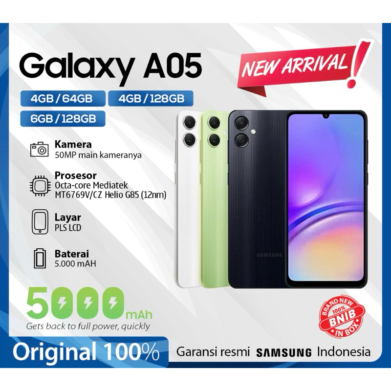HANDPHONE SAMSUNG GALAXY A05 4/64 RAM 4 INTERNAL 64 BEST SELLER GARANSI RESMI