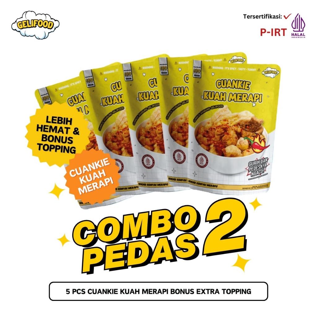 

Geli Food - Combo Hemat 5 Pcs Cuanki Bumbu Merapi Instant (Bonus Extra Topping Mix Bakso Aci)