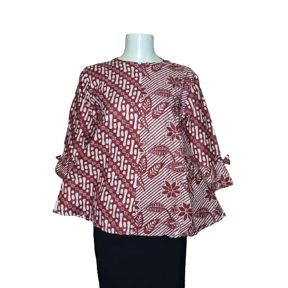 Atasan Batik Wanita Blouse Merah Cheongsam Kantor Kerja Kombinasi Motif