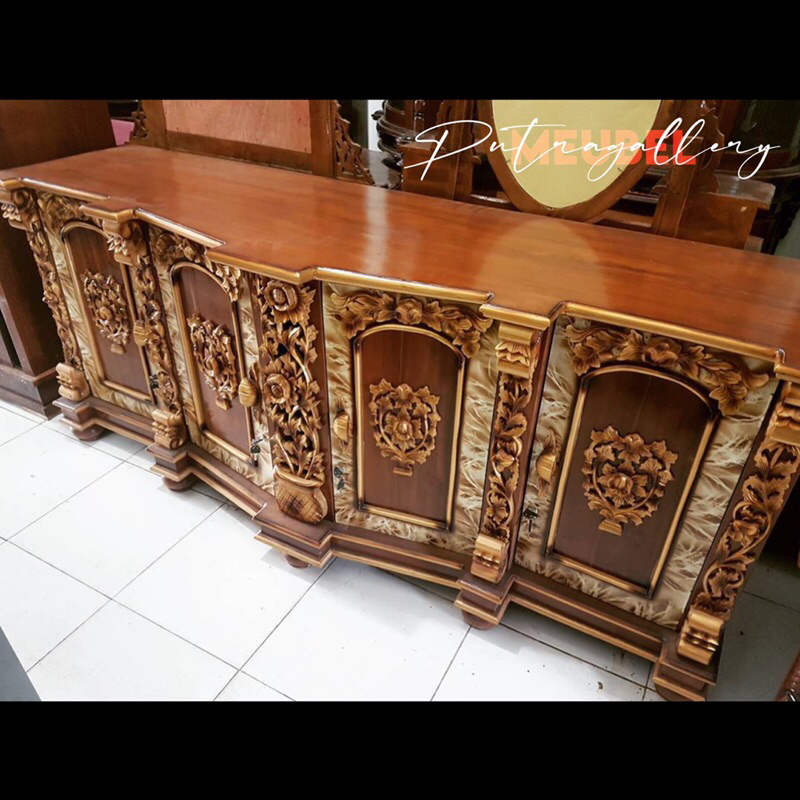 Bufet Meja TV Ukir Shima Full Kayu Jati Jepara Finishing Corak Marmer