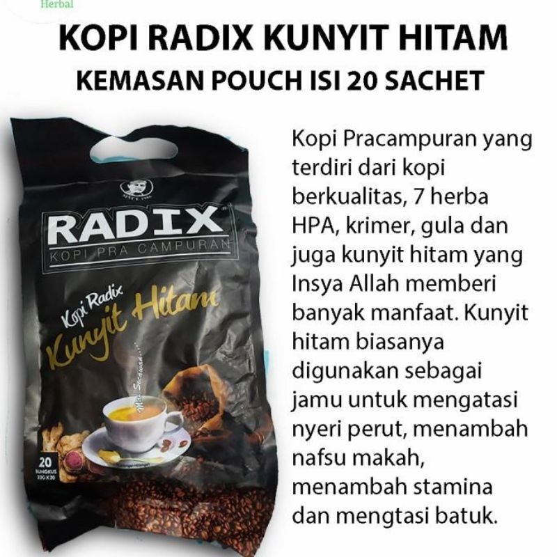 

RADIX KUNYIT HITAM HPA MALAYSIA | ISI 20 SACHET | KOPI RADIX ORI 100%