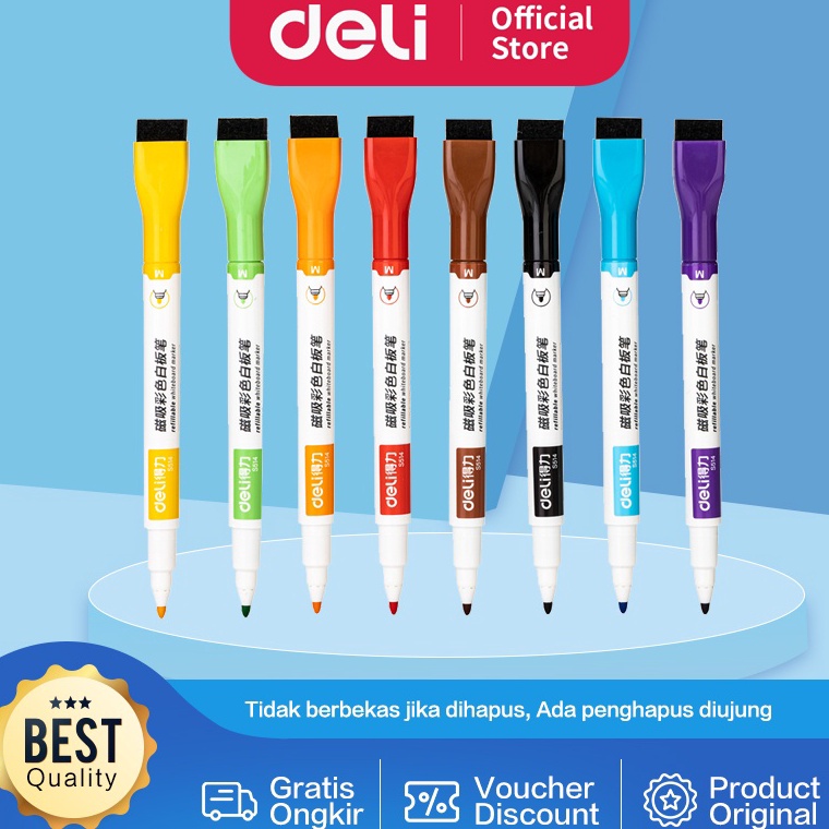 

ART R34J Deli Color Whiteboard Marker Spidol Papan Tulis 8 warna Ujung Penghapus S514