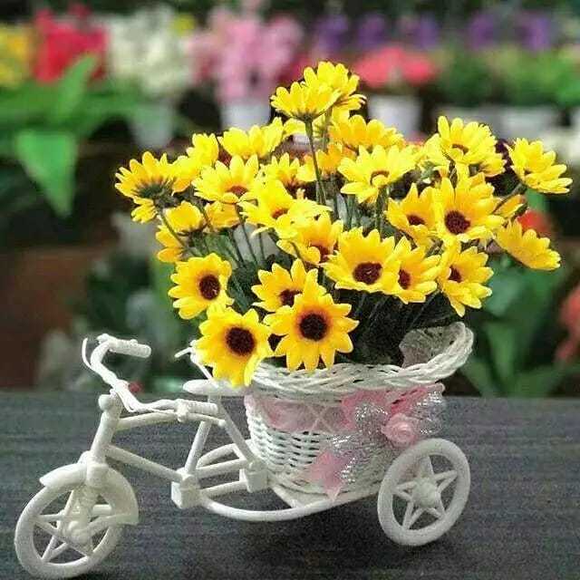SET BUNGA PLASTIK MATAHARI KUNTUM DENGAN SEPEDA ROTAN BESAR
